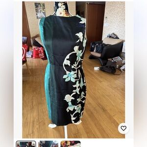 Oscar de la Renta Black Sheath Dress with Teal Floral Accents